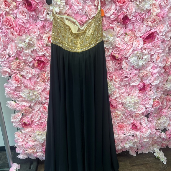 Alyce paris 1143 black/gold size 18 strapless a line chiffon dress with beading - Picture 4 of 9